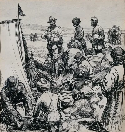British medical officers attending wounded Tibetans after a fight