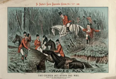 British politicians as huntsmen arriving at a river representing the Criminal Law and Procedure (Ireland) Act 1887