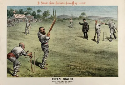 British politicians playing cricket: Parnell, batting with a bat marked "treason" is bowled by The times newspaper