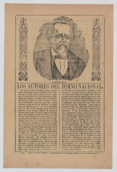 Broadsheet about the authors of Mexico's national anthem, portrait of Don Jaime Nuvo at center