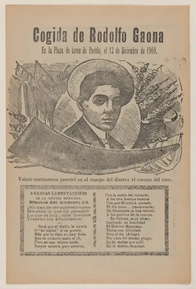 Broadsheet relating to a bullfight with the famous bullfighter Rodolfo Gaona in the ring at Puebla on 13 December 1908, a description in the bottom section continuing on verso ending with an image of him jumping over a bull