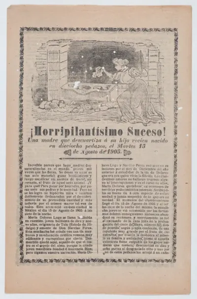 Broadsheet relating to a news story about a young mother who dismembered her newborn, a woman discovering the scene of the crime