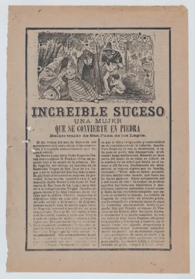 Broadsheet relating to a story about a woman who has turned into stone, a group of people discovering her in the woods