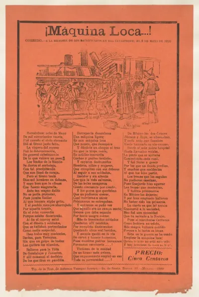 Broadsheet relating to a train accident that killed many people, wounded victims being carried on stretchers