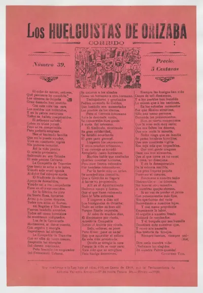 Broadsheet relating to a worker's strike in Orizaba, workers holding up the Mexican flag, flanked by soldiers