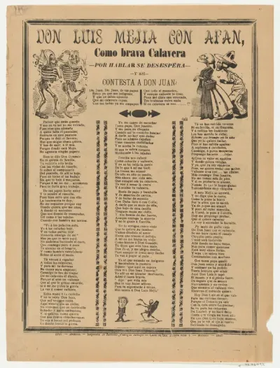 Broadsheet relating to Don Luis Mejia and Afan, a corrido (ballad) in the bottom section