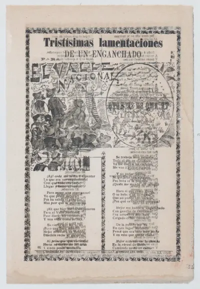 Broadsheet relating to people being tricked into working in tobacco fields, a man warning a crowd about harsh labor conditions