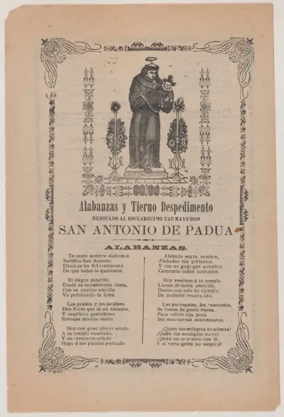 Broadsheet relating to Saint  Anthony of Padua who is shown holding the Christ child flanked by a candelabra with flowers