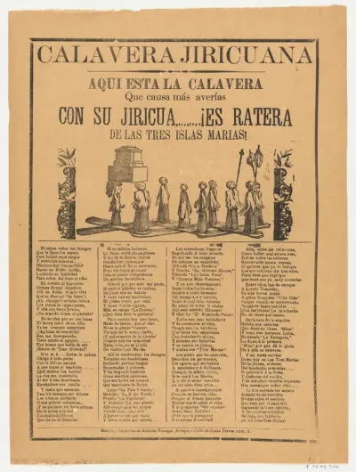 Broadsheet relating to the calavero (skeleton) Jiricuana, a corrido (ballad) in the bottom section