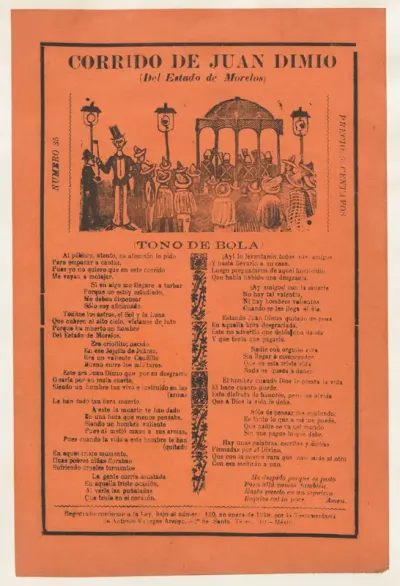 Broadsheet relating to the death of Juan Dimio, crowd of people gathered around a gazebo while a man wearing a top hat looks out toward viewer