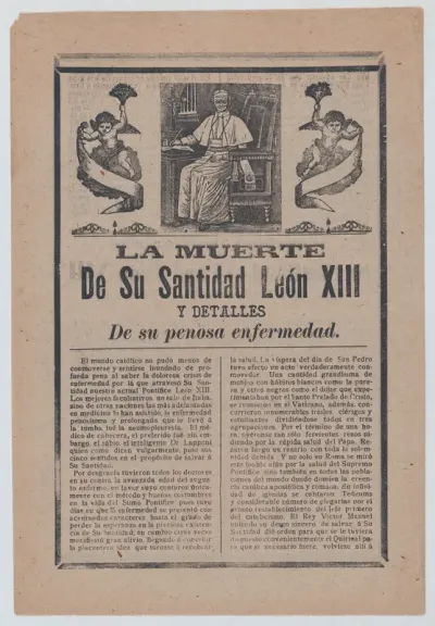 Broadsheet relating to the death of Pope León XIII, he is shown in his study flanked by angels