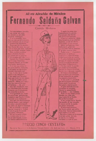 Broadsheet relating to the ex mayor of Mexico, Fernando Saldaña Galvan, who is standing in the center covered in holes