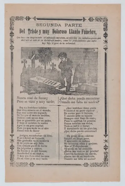 Broadsheet relating to the plight of an orphan, young boy mourning in a cemetery