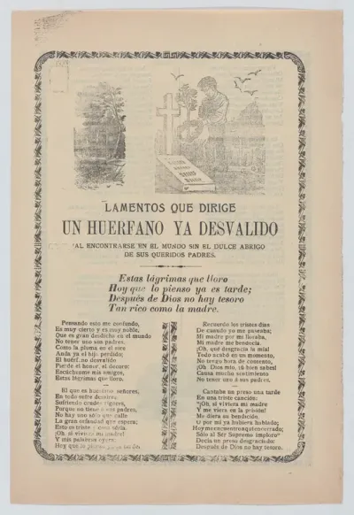 Broadsheet relating to the plight of an orphan, young boy standing at the graves of his parents in a cemetery