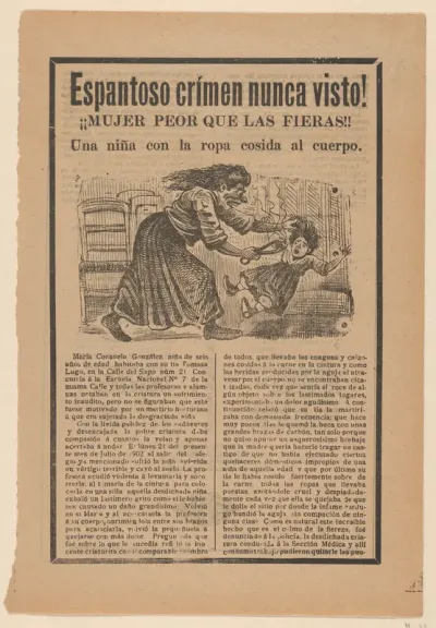 Broadsheet relating to the sensational story of a woman who was worse than wild animals, and a girl with clothing sewn to her body