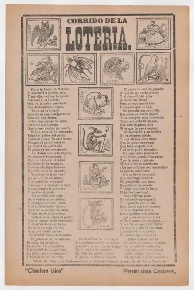 Broadsheet with a ballad about bingo, illustrations of different animals and people