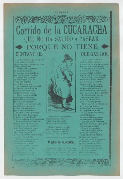 Broadsheet with a ballad about camp life hardships for women, profile of a woman looking downcast wearing a slip and heels
