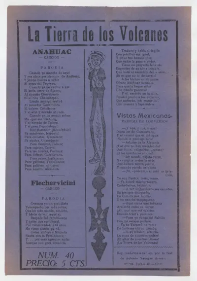 Broadsheet with comic ballads about Mexico, figure with long legs playing the guitar