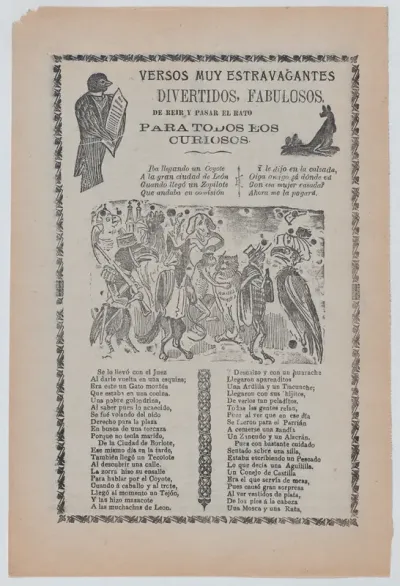 Broadsheet with comic verses, a group of animals wearing human clothes and playing music