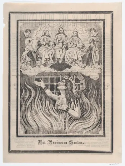 Broadsheet with image of a chained woman in purgatory and the Holy Trinity above