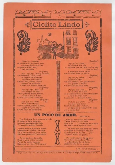 Broadsheet with love songs, a man playing an instrument and singing outside his lovers' window