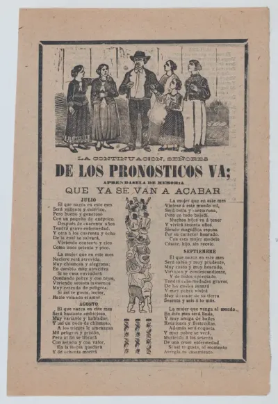 Broadsheet with monthly horoscopes; a group of women surrounding one man and a crowd of people raising their arms