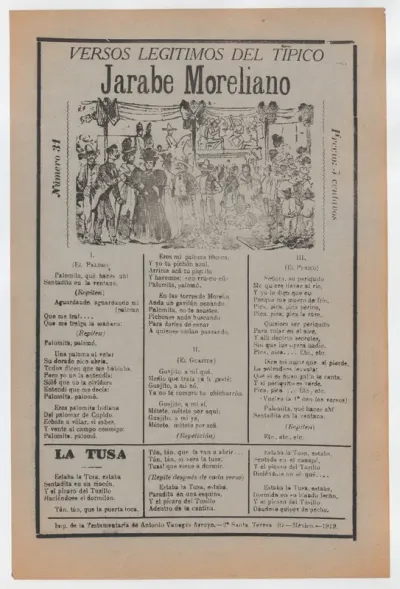 Broadsheet with songs for a Mexican courtship dance called the 'Jarabe Moreliano', a crowd of people and muscians