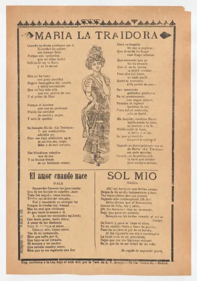 Broadsheet with three ballads about love, a woman wearing a dress and hat placing one hand to her chest and the other behind her back