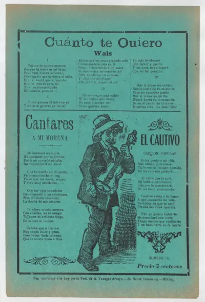 Broadsheet with three love songs; a man singing and playing the guitar