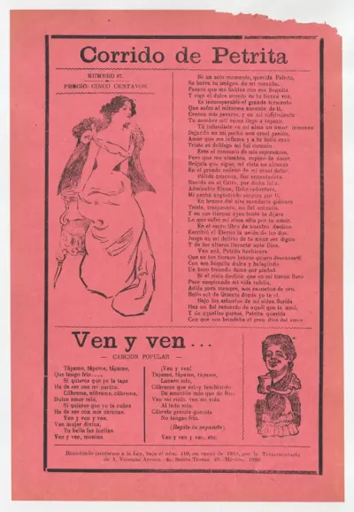 Broadsheet with two different love songs, woman wearing an evening gown sitting on the edge of her seat and another woman holding a cup