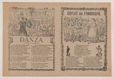 Broadsheet with two different songs showing a group of men huddled around a woman on the left and a group of people holding glasses on the right