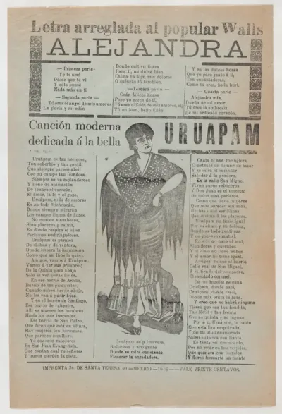 Broadsheet with two love ballads about desirable women, a woman wearing a shawl and a skirt with her hands placed on her hips
