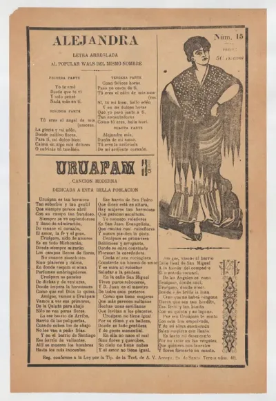 Broadsheet with two love ballads about desirable women, woman wearing a shawl and a skirt with her hands placed on her hips
