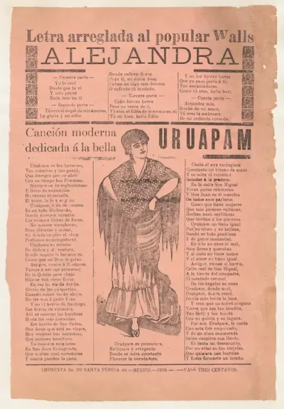 Broadsheet with two narrative love ballads about desirable women, woman wearing a shawl and a skirt with her hands placed on her hips