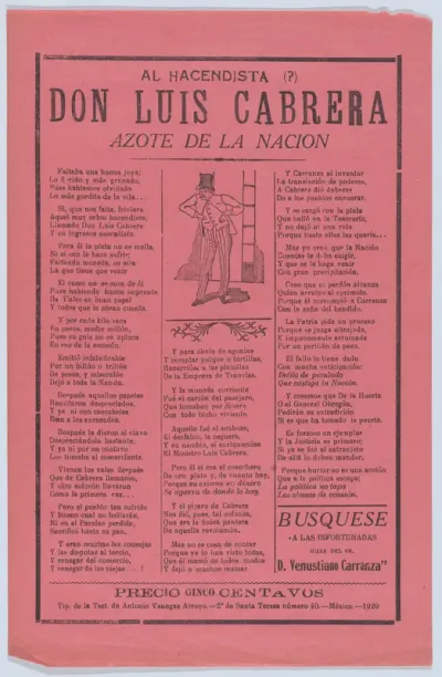Broadsheet with verse relating to Don Luis Cabrera ('scourge of the nation') who is shown standing in the center wearing a top hat