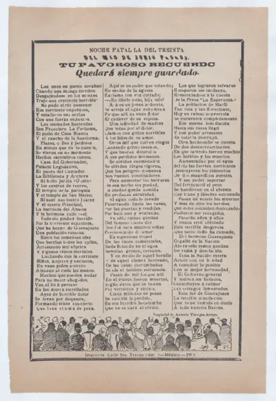 Broadsheet with victim accounts from a flood in Guanajuato, crowd of people waiving their hands and praying