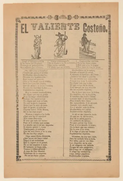 Broadside about a brave man from the west coast of Mexico, who is shown walking down a street wearing a sombrero