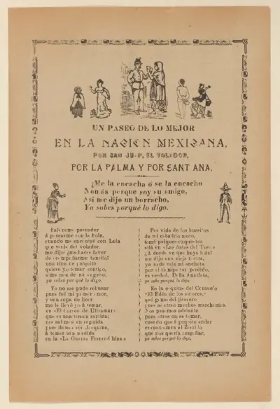 Broadside detailing a religious procession for Saint John and Saint Ana, multiple figures dancing and celebrating