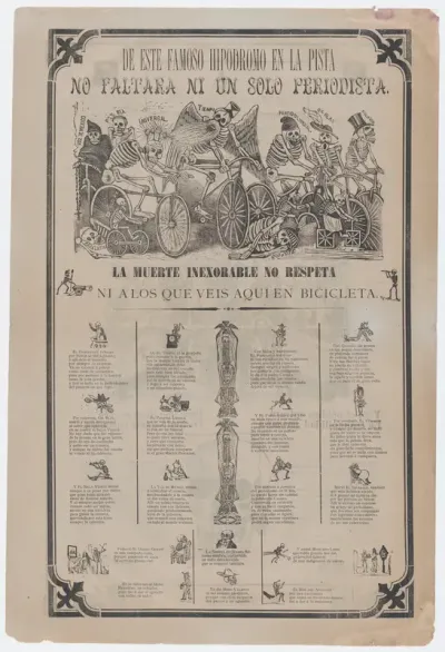 Broadside: on recto skeletons riding bicycles; on verso skeletons buying and selling printed images etc