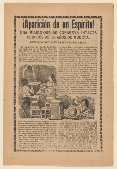 Broadside relating to a news story about an apparition of a spirit, women sitting up in bed looking at a ghost
