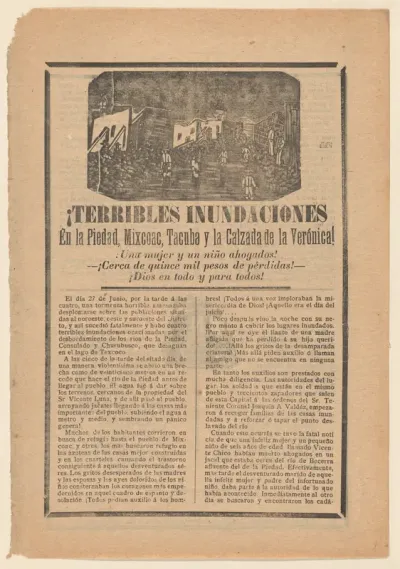 Broadside relating to a news story about floods in multiple cities, villagers wading through water