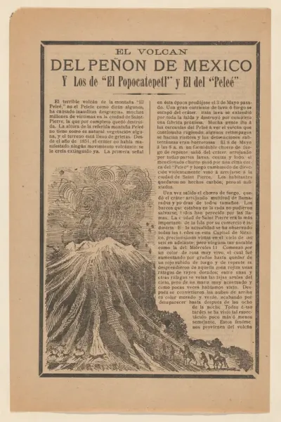 Broadside relating to a news story about the destruction following a volcanic eruption, volcano erupting while animals and men on horseback flee