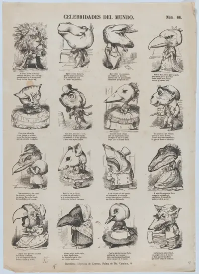 Broadside with 16 caricature figures representing celebrities of the world