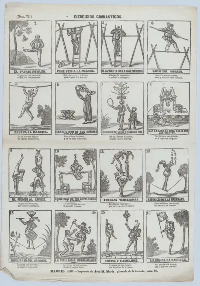 Broadside with 16 scenes showing gymnastic exercises