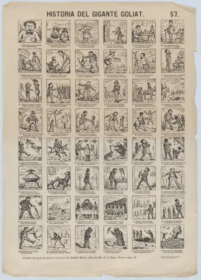 Broadside with 24 scenes relating the story of Goliath the Giant