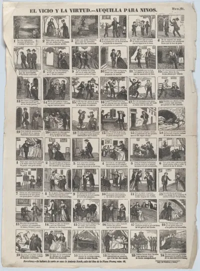 Broadside with 24 scenes relating to vice and virtue, lessons for children