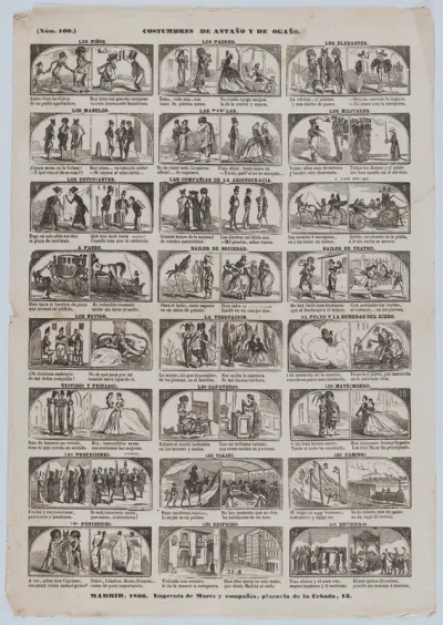 Broadside with 48 (24 pairs) scenes contrasting Spanish customs past and present