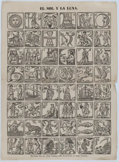 Broadside with 48 allegorical figures pertaining to the sun and the moon