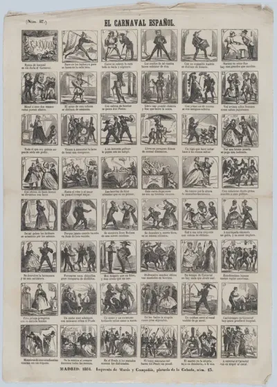 Broadside with 48 scenes depicting carnival in Spain