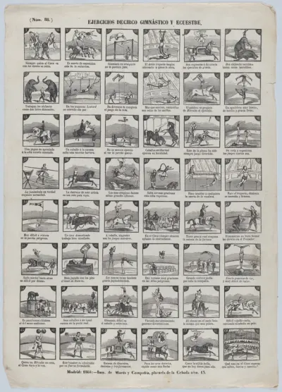 Broadside with 48 scenes depicting circus gymnastic and equestrian exercises